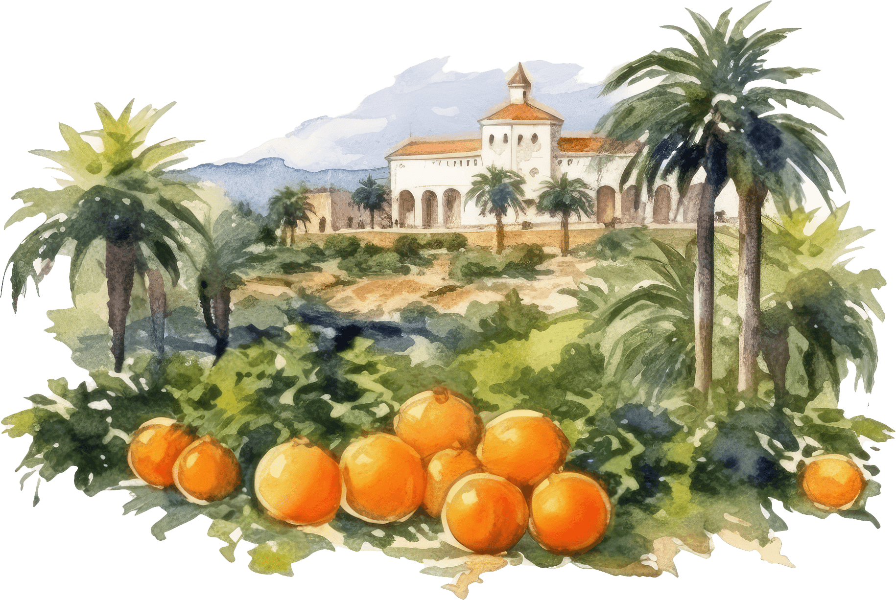 Aquarellbild eines Anwesens in Italien mit Palmen und Orangen im Vordergrund